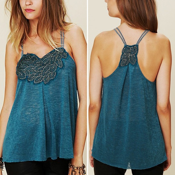 FREE PEOPLE Deep Turquoise Beaded Neckline ‘Persephone’ Slub Knit Swing Tank Top - Picture 1 of 8
